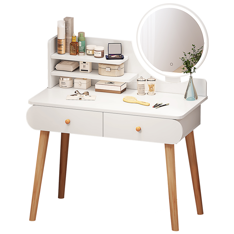 立太梳妆台现代简约北欧ins卧室化妆台实木桌腿收纳多功能一体网红轻奢简易迷你小型化妆桌柜子 【网红款+LED灯+仙女椅】暖白色100cm