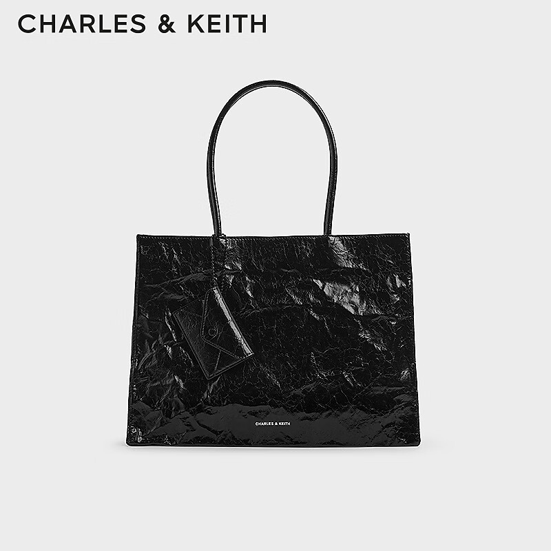 CHARLES&KEITH24夏新品大容量褶皱手提托特包腋下包女CK2-30782346 Jet Black黑色 XL