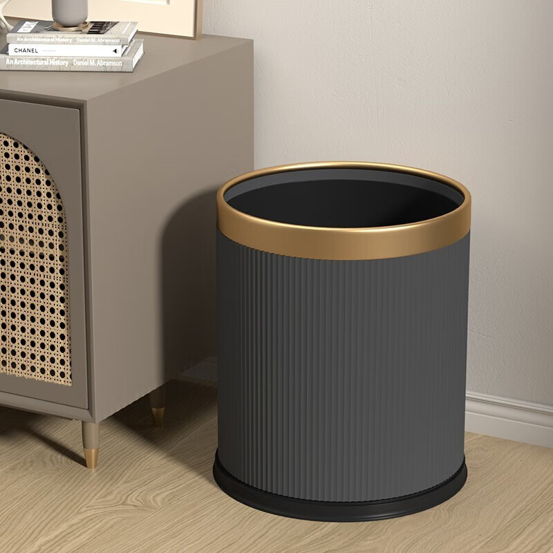 飞达三和垃圾桶大号大容量家用客厅轻奢风厕所卫生间厨房现代简约创意商用 15L 静谧黑-法式条纹设计