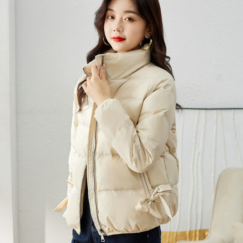 韩衫影（H·SHANYING）羽绒服女2023年新款冬季轻奢短款纯色蝴蝶结宽松白鸭绒外套 白色 M码90-110斤怎么看?