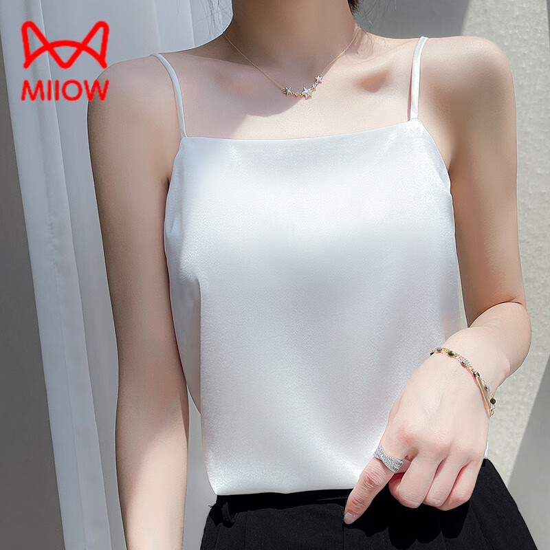 貓人（MiiOW）真絲吊帶背心女上桑蠶絲外穿西服一字領夏季新款打底內(nèi)搭醋酸緞面 潔白色 M