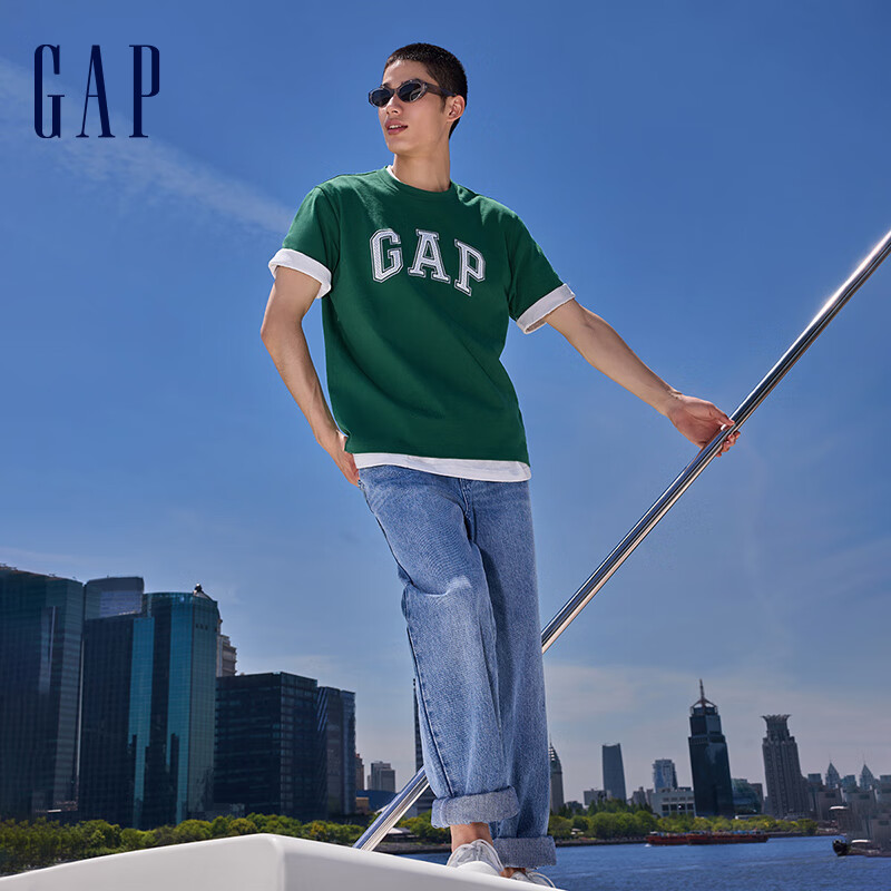 Gap男女装夏季拼接logo圆领短袖T恤宽松上衣460841 绿色 170/92A(M) 亚洲尺码