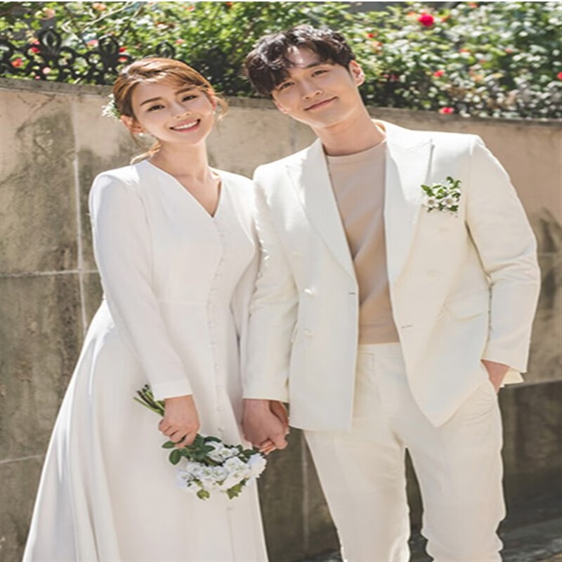 登记领证小白裙礼服轻婚纱简约长袖新娘结婚礼服日常连衣裙v领女 白色