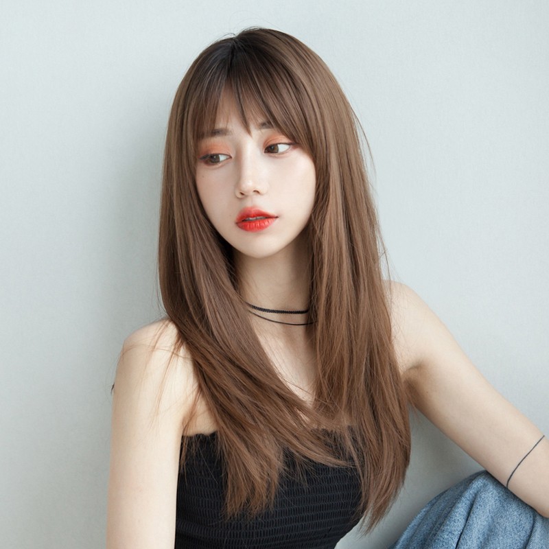 actual self假发女长发 网红中长发全头套式 斜刘海逼真长直发假发套