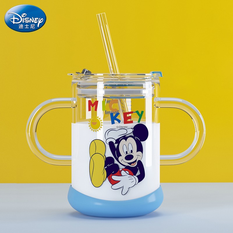 迪士尼儿童牛奶杯家用吸管杯喝奶粉带刻度宝宝专用学饮杯高硼硅玻璃水杯