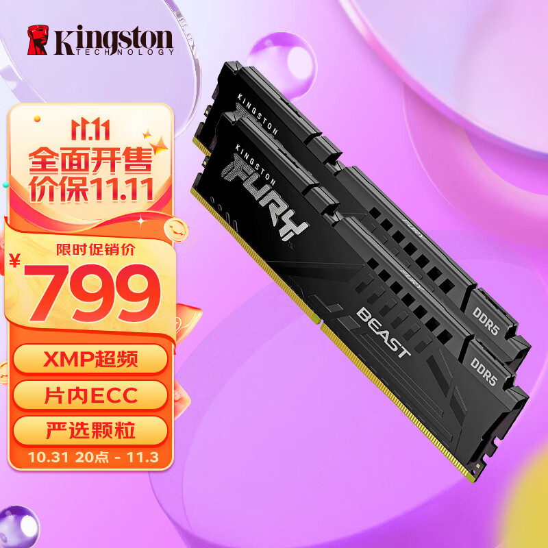 金士顿 (Kingston) FURY 32GB(16G×2)套装 DDR5 6000 台式机内存条 Beast野兽系列 骇客神条