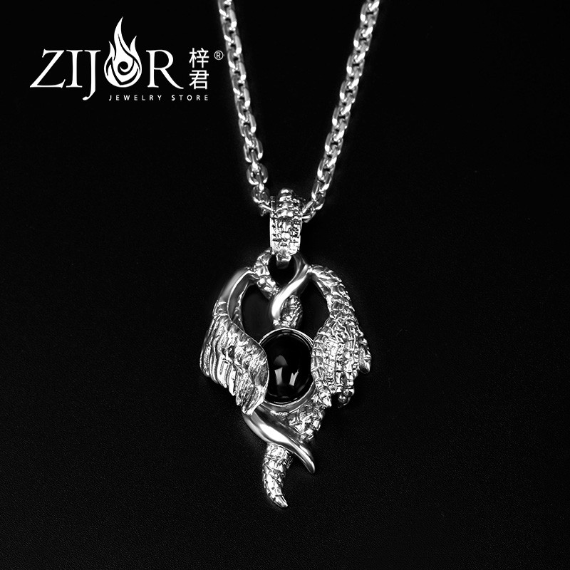 梓君银吊坠男士手工银镶嵌黑玛瑙梦想之翼项坠个性嘻哈潮男项链挂件