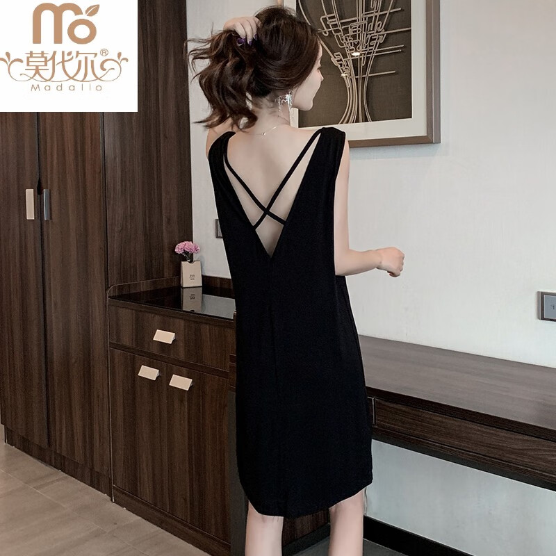 莫代尔睡裙女夏季薄款夏天性感黑2025年新款吊带甜美背心睡衣裙子 背心裙1301#交叉-黑色 2XL 175