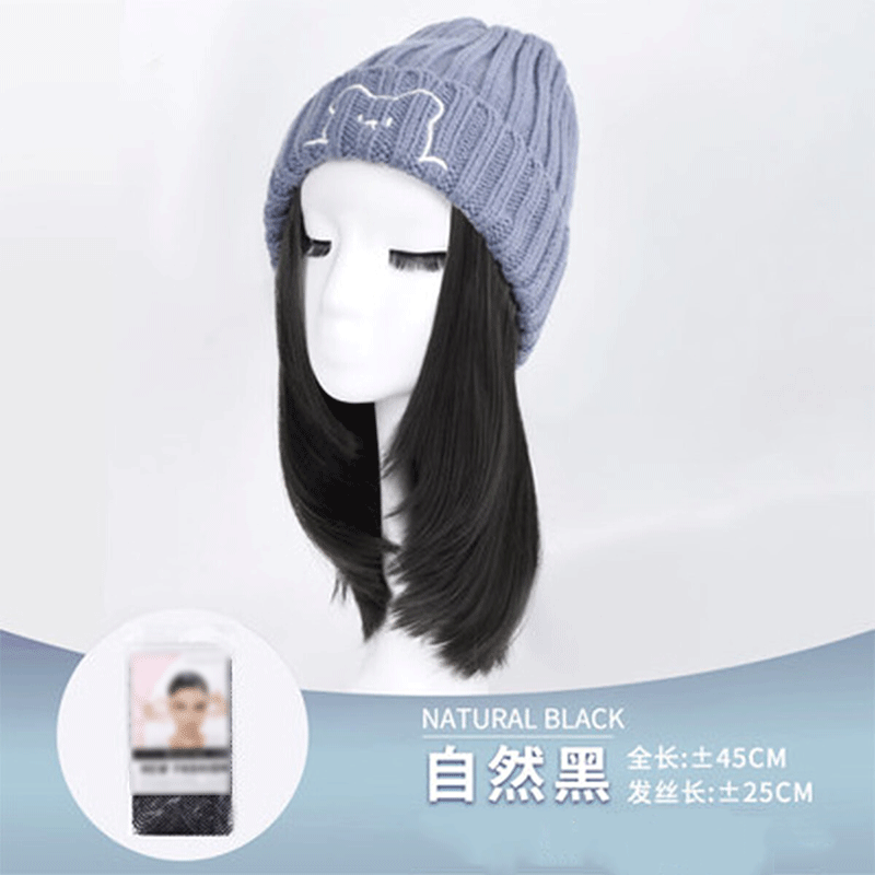 一体女时尚秋冬季小熊针织帽锁骨发韩版潮百搭假发帽 蓝帽子 自然黑