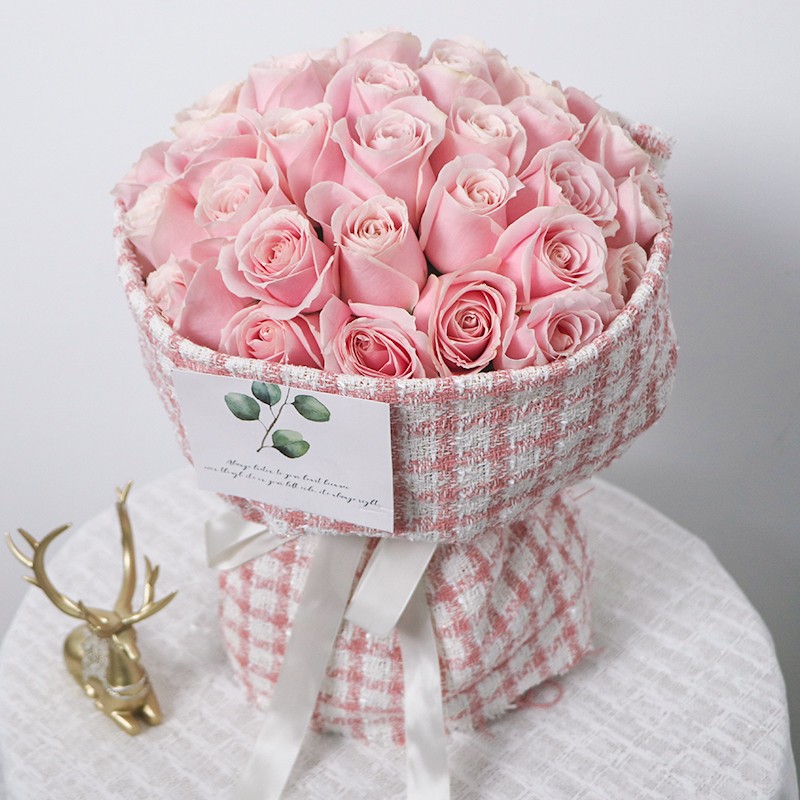 馨仪 鲜花速递 网红小香风红玫瑰圆形花束送女友闺蜜生日礼物全国同城配送 33朵粉玫瑰花束