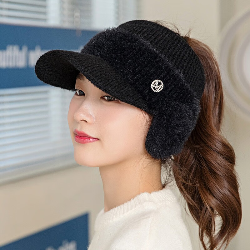 护耳鸭舌帽韩版时尚漏马尾加厚保暖针织帽女 黑色 成人款(帽围约50-54