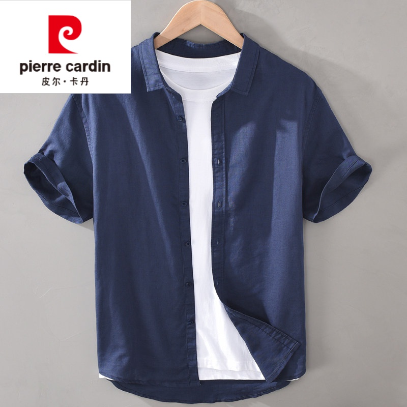 皮尔卡丹高档品牌男装 夏季亚麻棉麻短袖衬衫衬衣男装青年休闲麻料