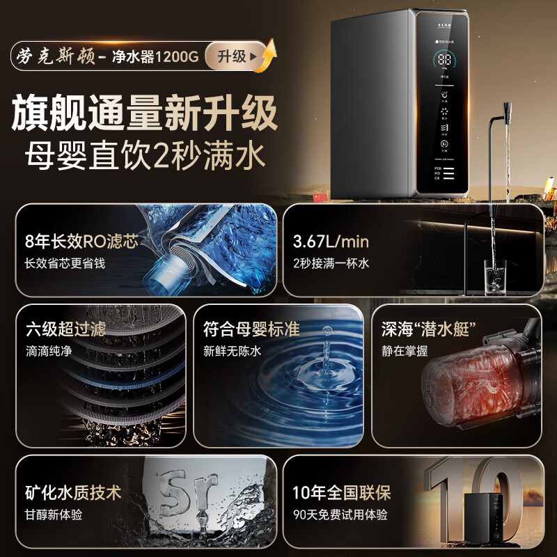 劳克斯顿【25年旗舰】厨下净水器家用加热直饮一体净水机排名前十名净饮机+管线机套装ro反渗透鲜活水1200g 【净热两件套】1200G净水+管线机