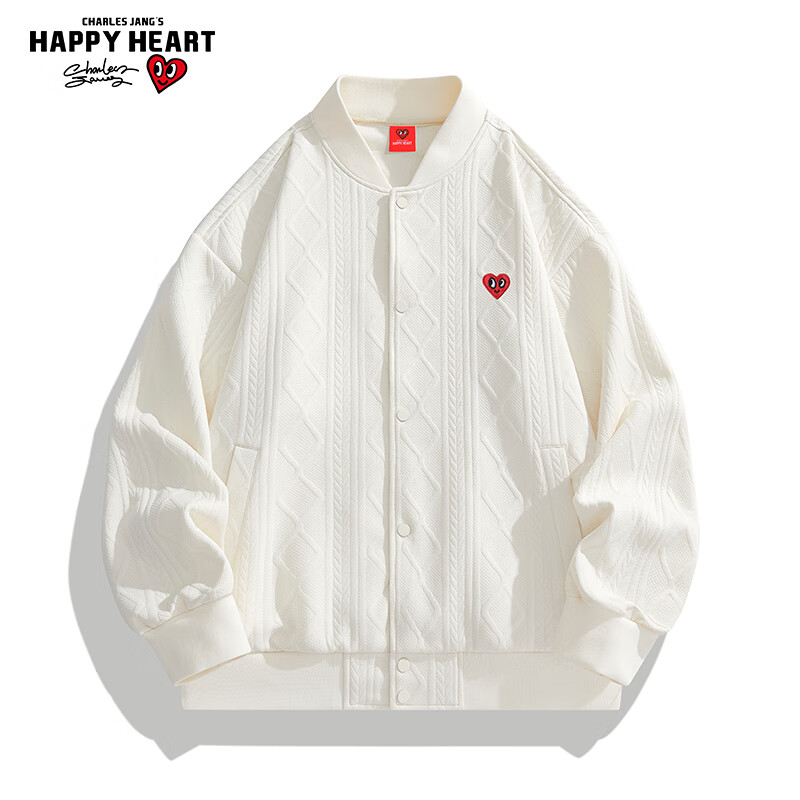 查尔斯桃心美式单排扣棒球服男休闲夹克麻花纹宽松纯色情侣外套 米白 3XL 