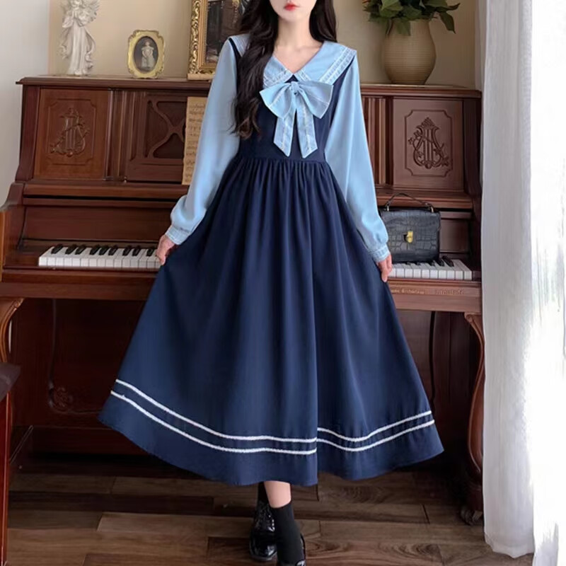 成人礼服女 18嵗岁礼服 学生冬季领学院风长裙子秋初中少女洛丽塔连衣裙 蓝色 XL 建议120-140斤