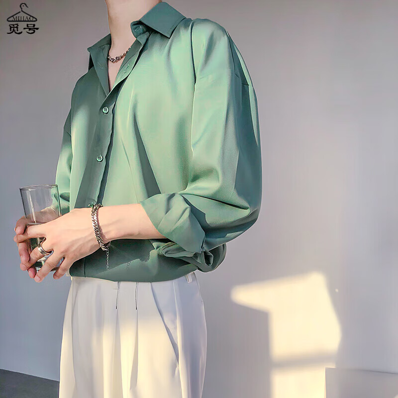 觅号(Mihao)觅号长袖垂感坠感休闲衬衫男春秋正装宽松潮白色衬衣痞帅夏季男士 MC-C06绿色明扣 XL (适合120-135斤) 京东折扣/优惠券