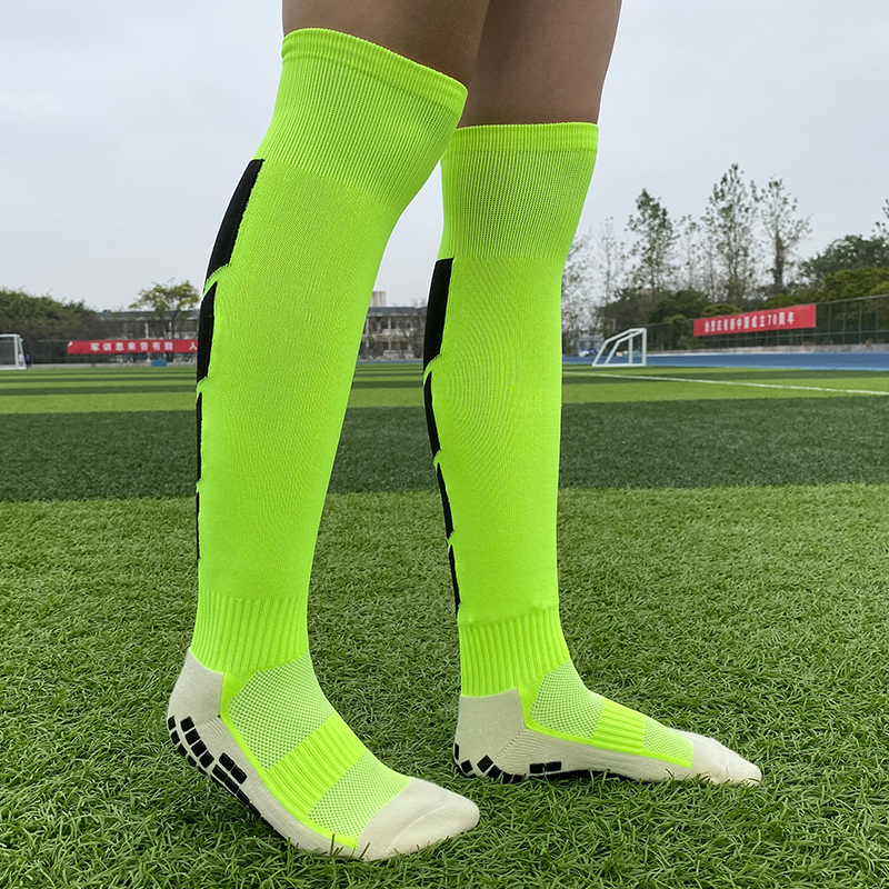 毛巾底儿童足球袜男 女青少年长筒防滑短袜子训练袜 荧光绿 胶底长筒