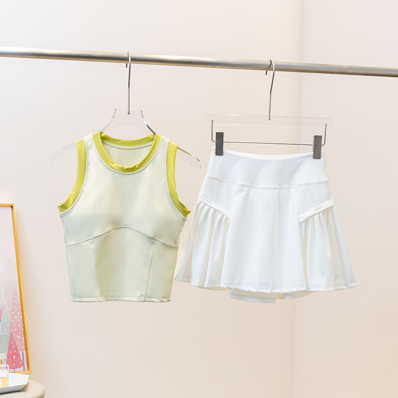 創(chuàng)京懿選運動套裝女夏帶胸墊背心羽毛球服網(wǎng)球裙跑步速干短裙健 兩件套淺奶黃背心+白色短裙 S