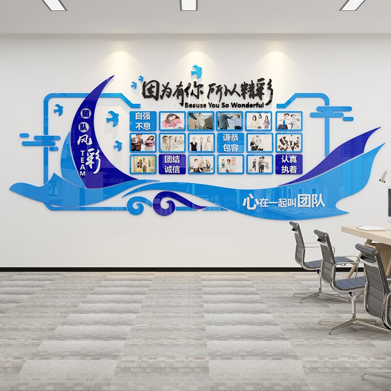 墙贴装饰公司员工团队风采照片墙励志激励文字标语 因为有你所以精彩