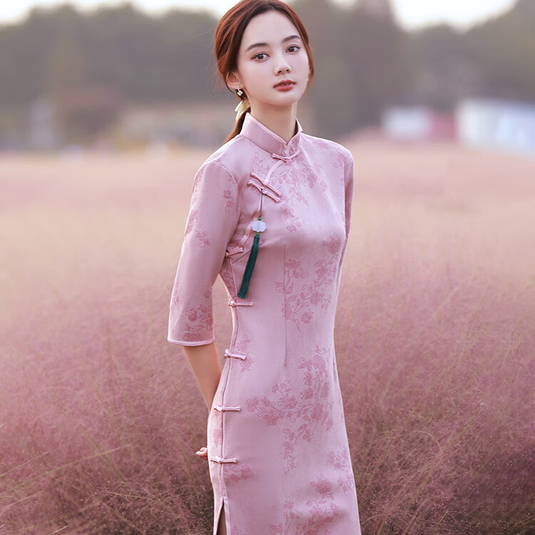 皮尔卡丹(pierre cardin)旗袍新款轻款高端气质秋季长袖粉色麂皮绒秋