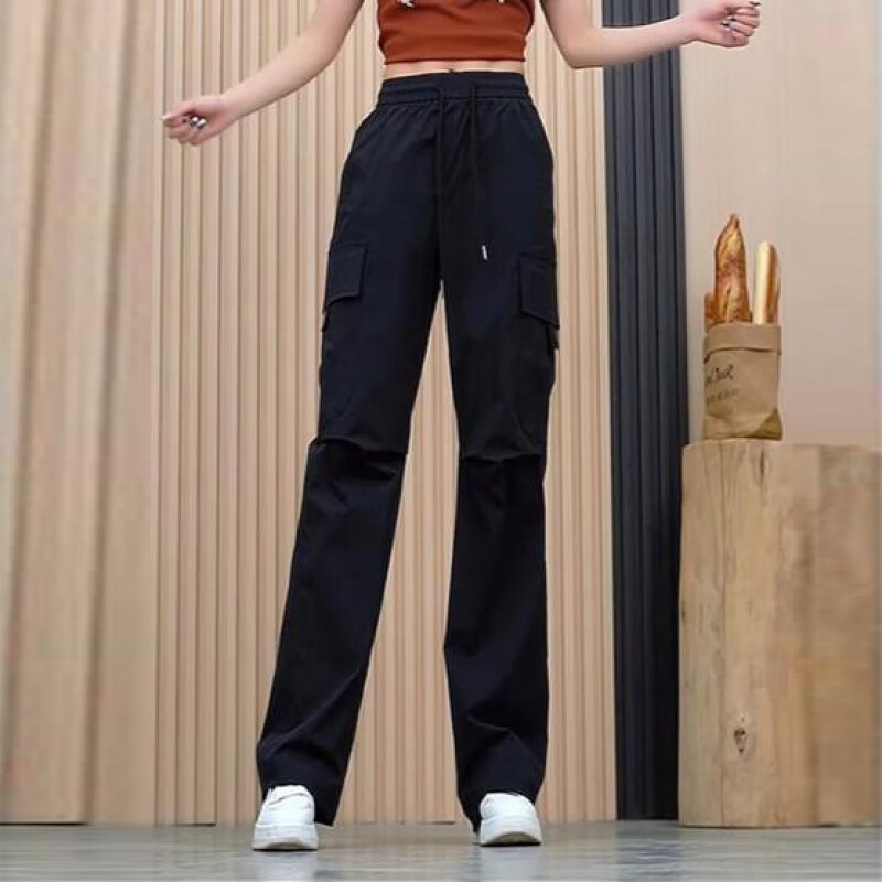 町苧窄版阔腿裤女2025夏季新款高腰工装裤宽松速干裤显瘦运动休闲裤子 黑色 L 28 建议105-115斤