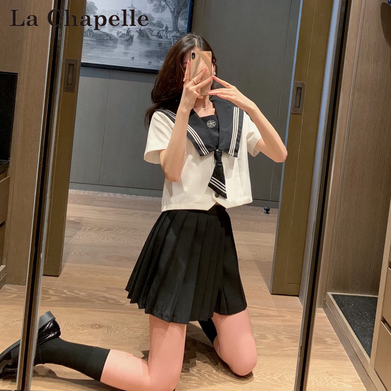 拉夏贝尔jk制服裙女夏季短袖纯色百褶裙套装全套日系学院风两一套格裙