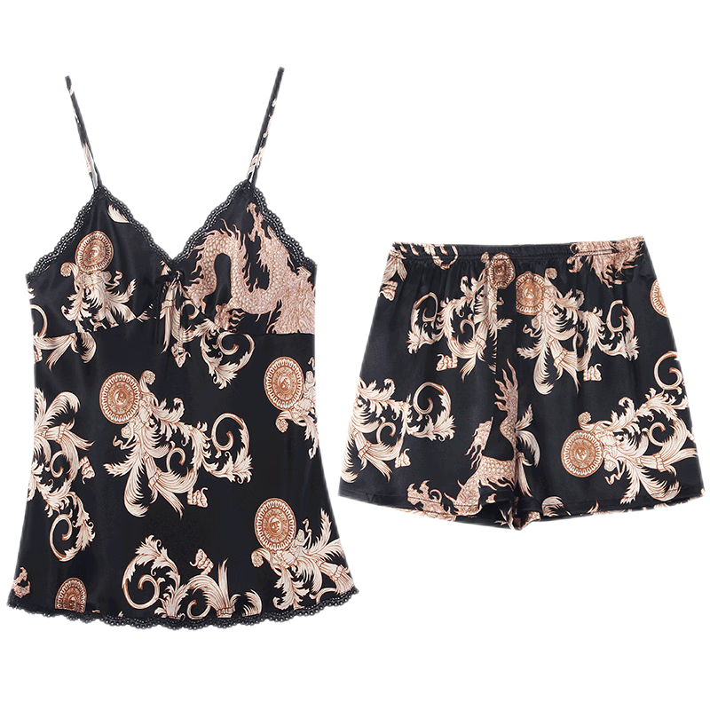 狄蘭絲(dilansi)真絲睡衣女吊帶背心短褲分體兩件套裝性感宮廷風(fēng)復(fù)古印花絲綢睡衣 龍鳳麗影(19姆米重磅真絲) M (建議80-100斤)