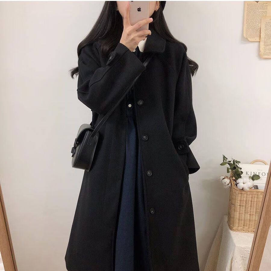 兰尼诗菲(轻奢高档)黑色毛呢外套女2024早春新款中长款加厚赫本过膝