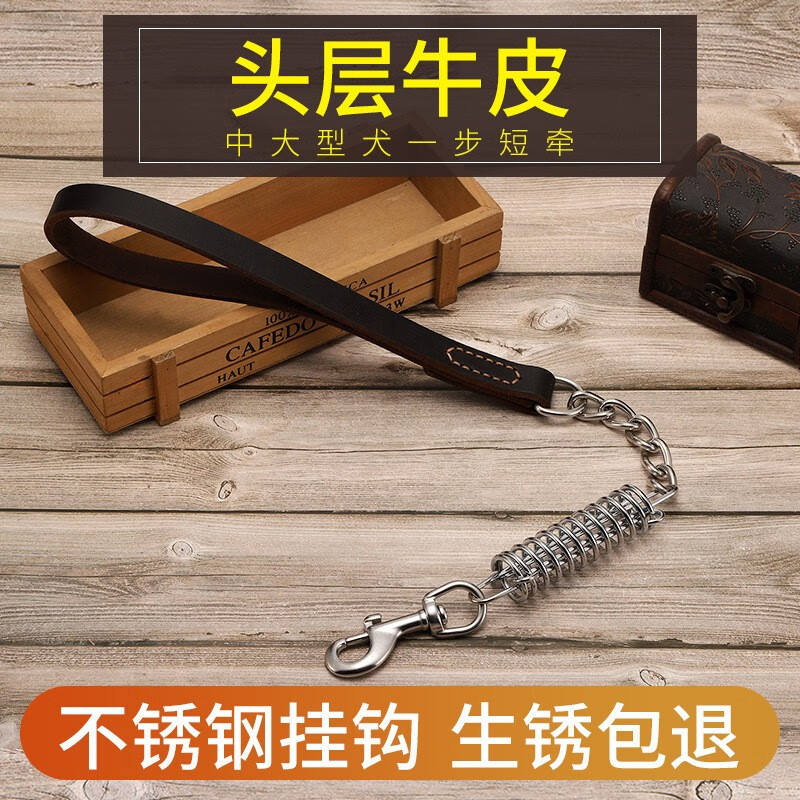 zooland牛皮不锈钢狗链中大型犬金毛带弹簧缓冲牵引绳一步短牵随行