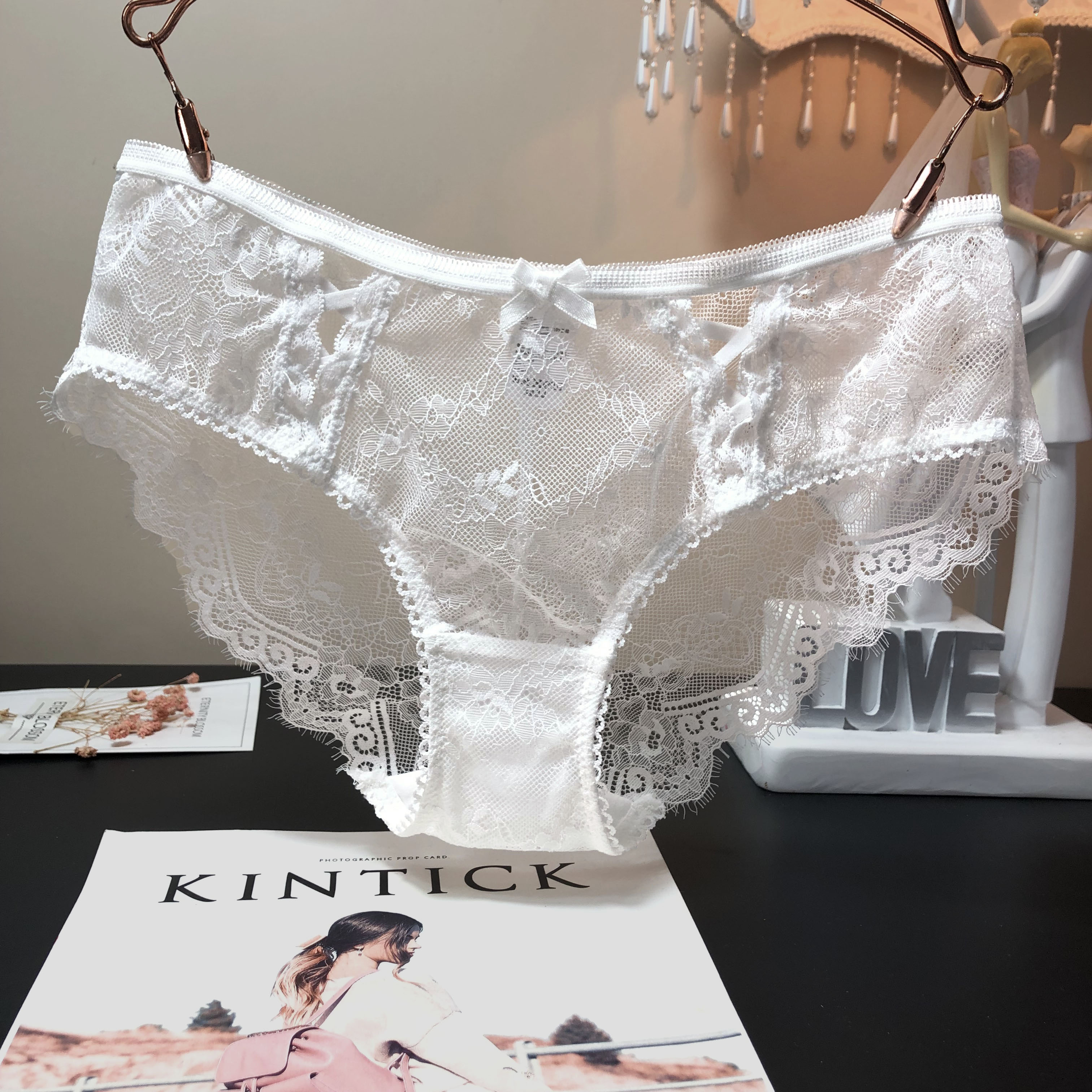 *欧美透明性感蕾丝内裤女镂空交叉中腰气质纯棉内档女士三角裤 白色