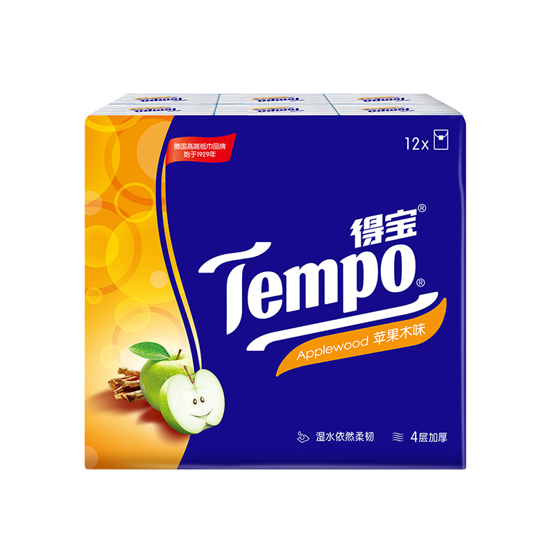 得宝Tempo得宝手帕纸迷你便携式纸巾擦手巾四层加厚餐巾纸 苹果木味7片*12包/提