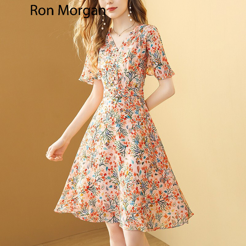 ron morgan瑞恩摩根品牌女装淑女气质碎花真丝连衣裙2021新款夏季桑