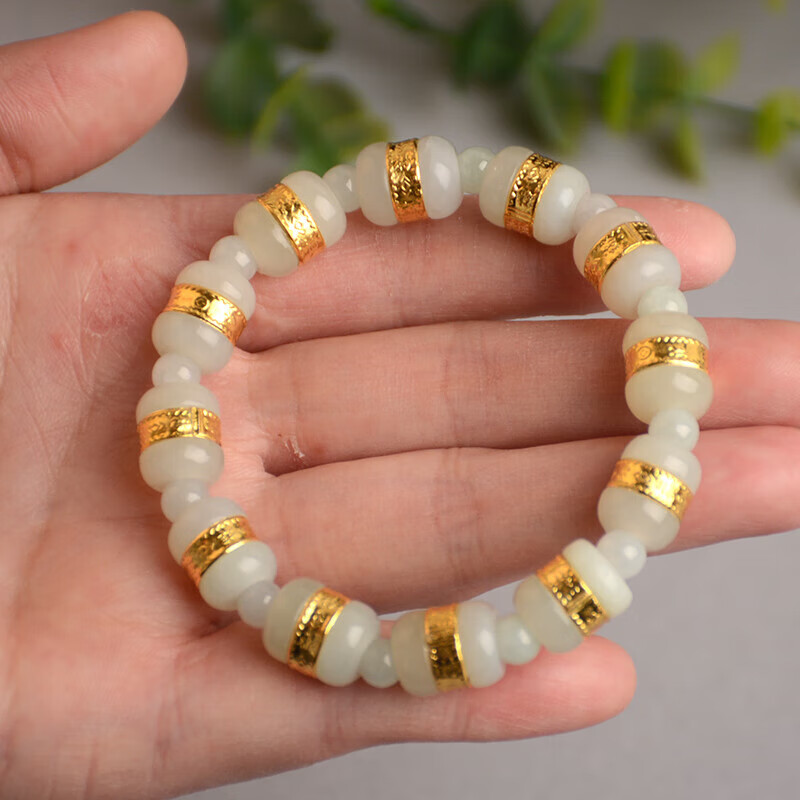 淇轩和田白玉路路通手链金镶玉玉手串桶珠玉石手链男女情侣款黄金手链