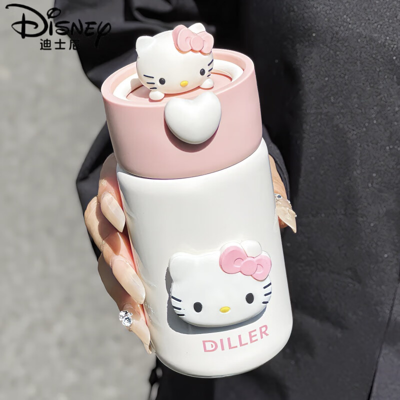 迪士尼（Disney）hellokitty迷你保温杯女生可爱便携泡茶水杯316不锈钢小容量杯子 粉白+kitty公仔+凯蒂猫 280ml