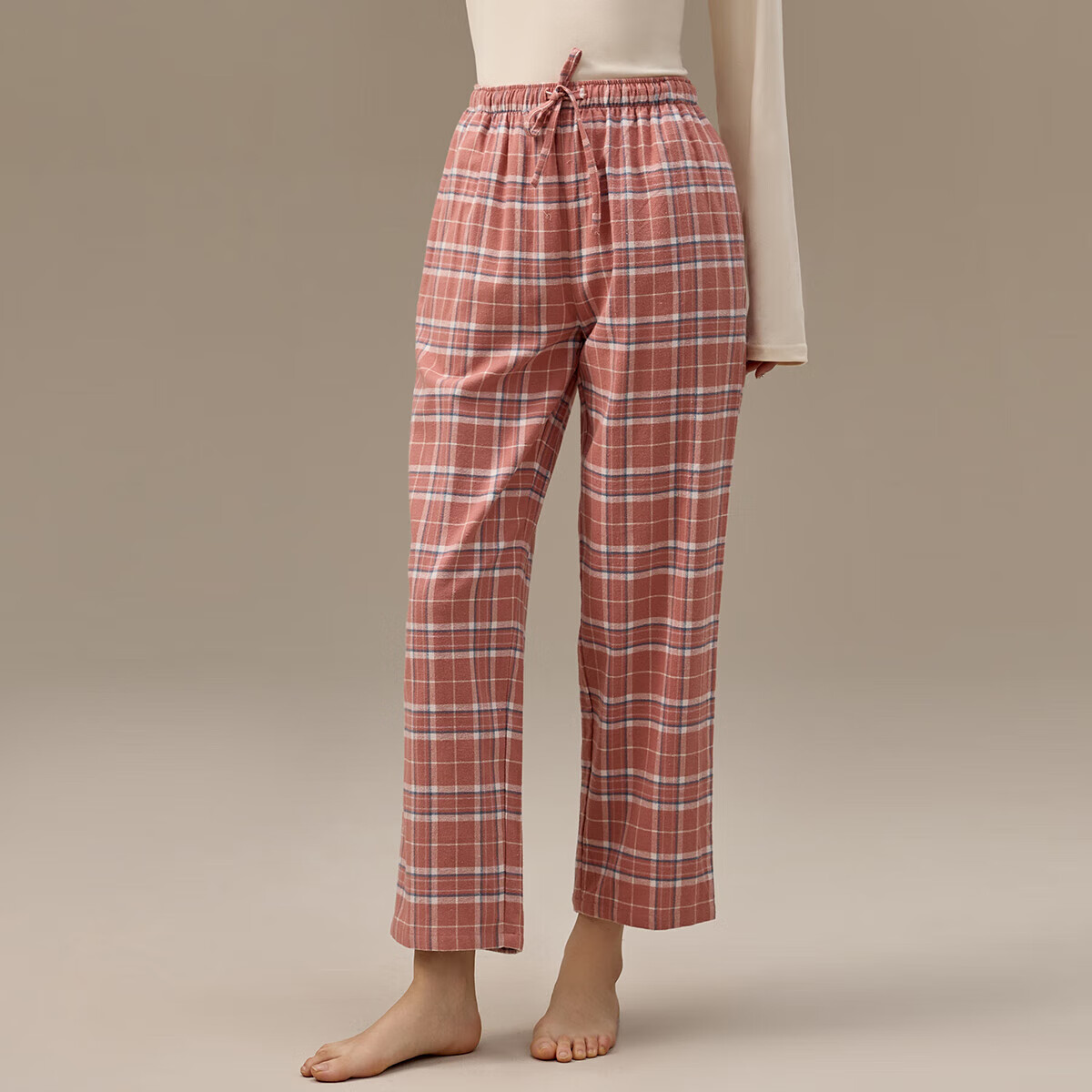 頂瓜瓜頂呱呱睡褲女秋純棉梭織格可外穿家居長褲單褲女深粉格 170