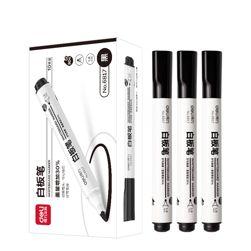 得力(deli)粗头可擦易擦白板笔滑耐磨耐用 办公文具会议老师培训教学 黑色10支/盒 P06817 3.8元