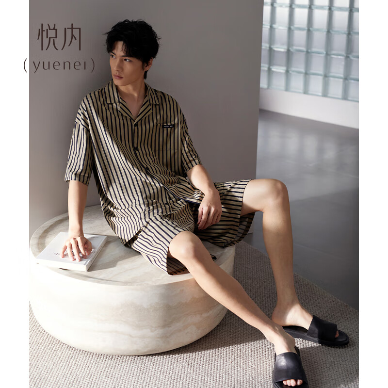 悦内睡衣男士夏季纯棉质短袖短裤家居服男款夏天夏款时尚条纹开衫套装 33024咖棕色 L (170) 【体重110-140斤】