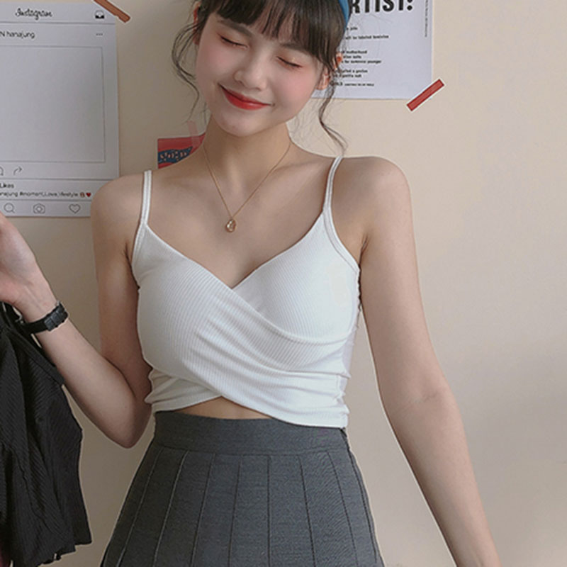 吊带内衣女性感纯色交叉弹力紧身短款少女美背小背心可外穿文胸 白色