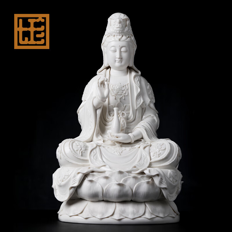 七珍陶瓷佛像《持珠吉祥观音》南海观世音菩萨像陈戴茹大师作品 d27