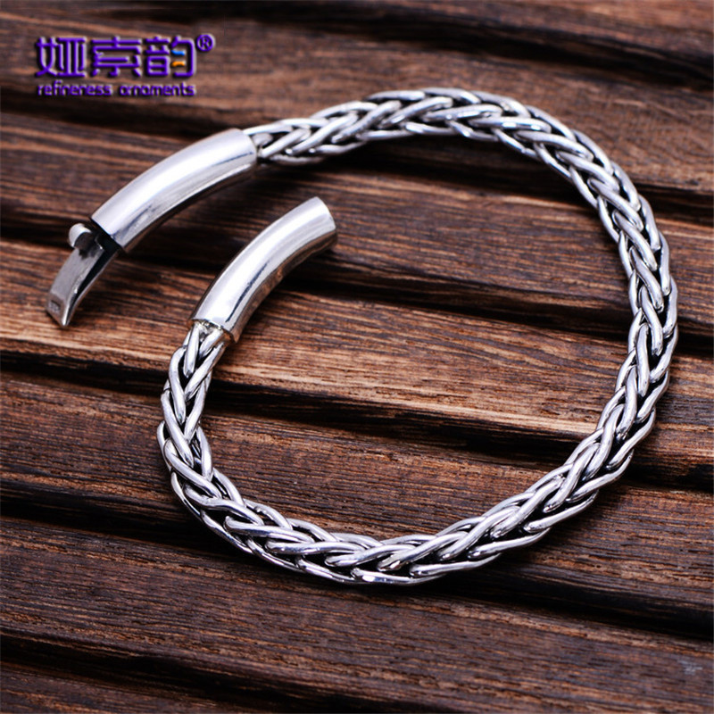 娅索韵925银饰品复古泰银编织麻花银手链韩版潮流男士手链手环