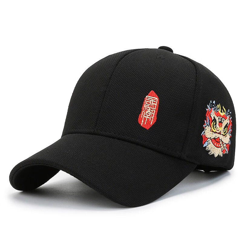 帽鎏时尚国潮风鸭舌帽男女款时尚百搭棒球帽醒狮街头帽中国风帽子 黑