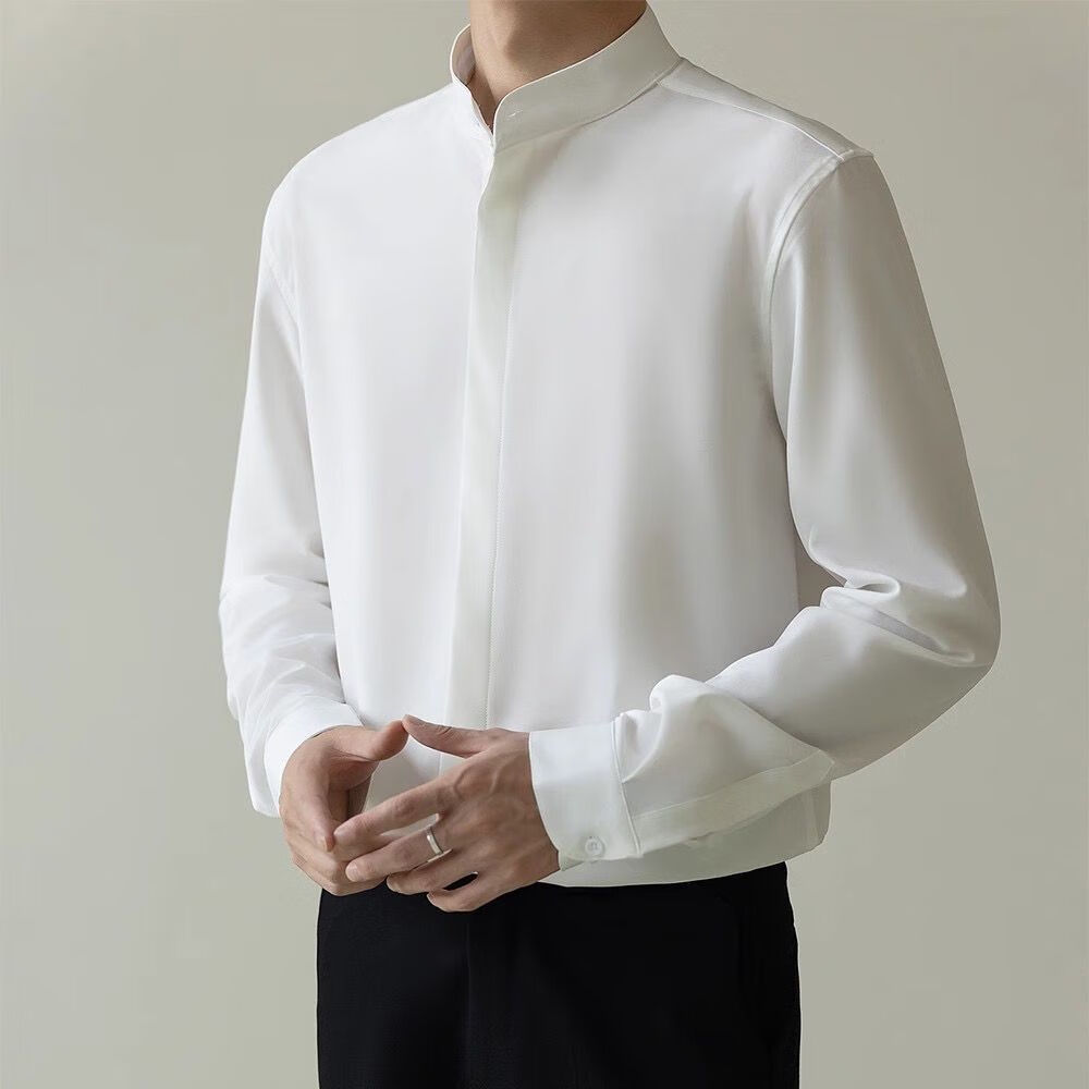 戈爵伦立领衬衫男隐藏扣雅痞法式修身夏季轻熟风法式立领衬衫男士长袖