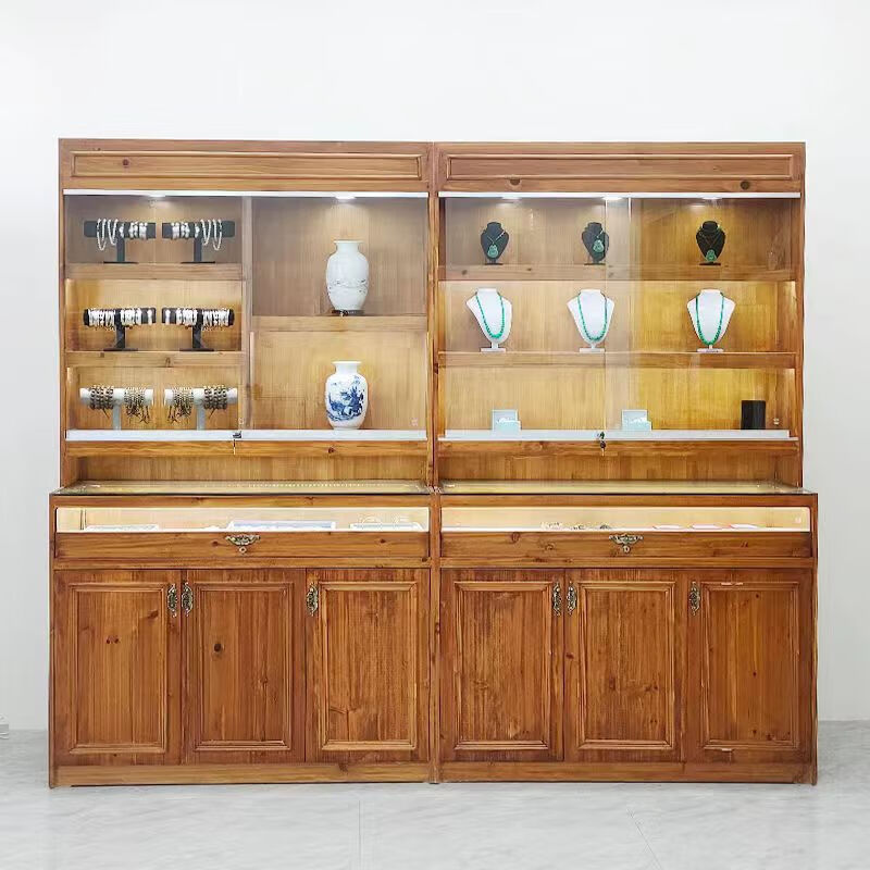 虞萌馨迪實木珠寶展示柜玻璃飾品首飾柜復(fù)古珠寶展示柜茶葉飾品展示柜產(chǎn)品 100*40*200實木杉木含玻璃門