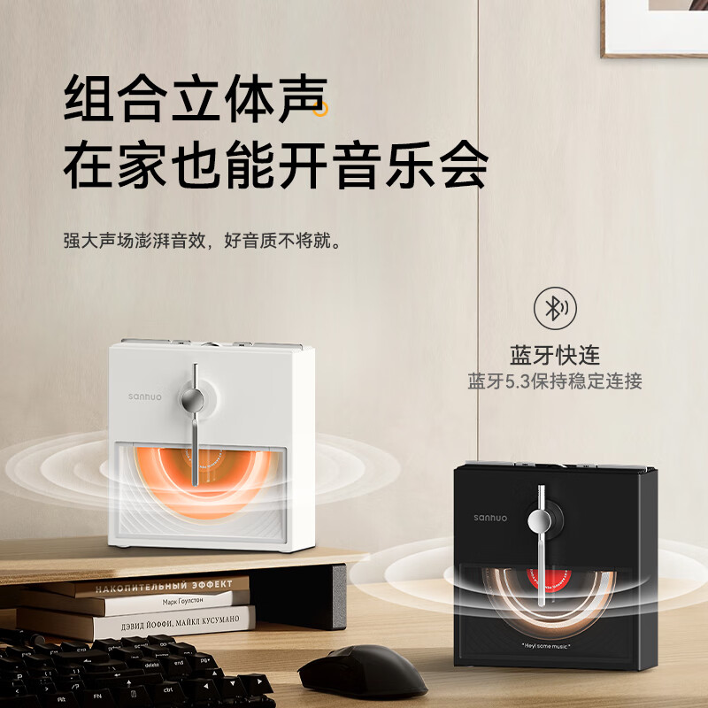 叁活音响蓝牙音箱高音质立体环绕桌面电脑音箱复古创意黑胶无线夜灯氛围灯定制生日礼物男生女生diy 典雅黑