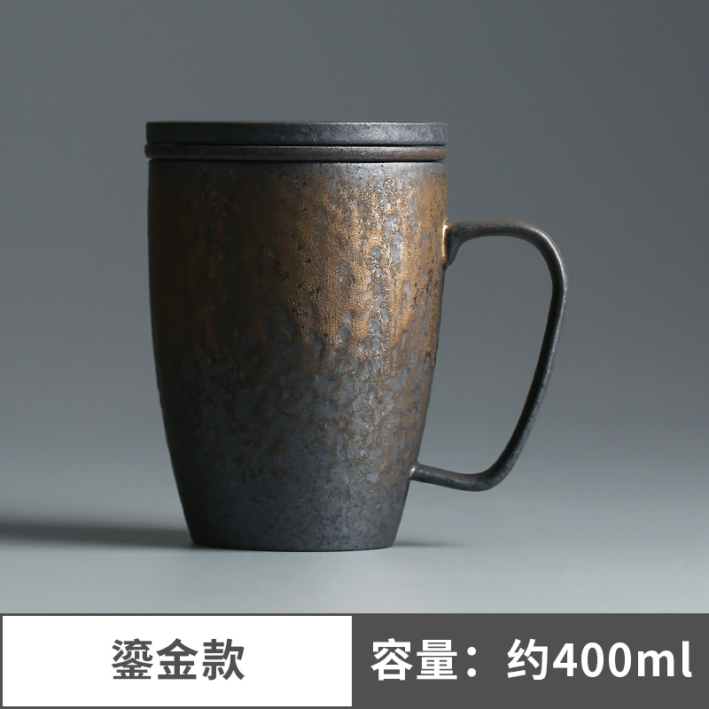 oiyou灰念禪風(fēng)鎏金色釉手工粗陶馬克杯過濾泡茶杯 辦公帶蓋 鎏金色馬克杯(內(nèi)膽款)