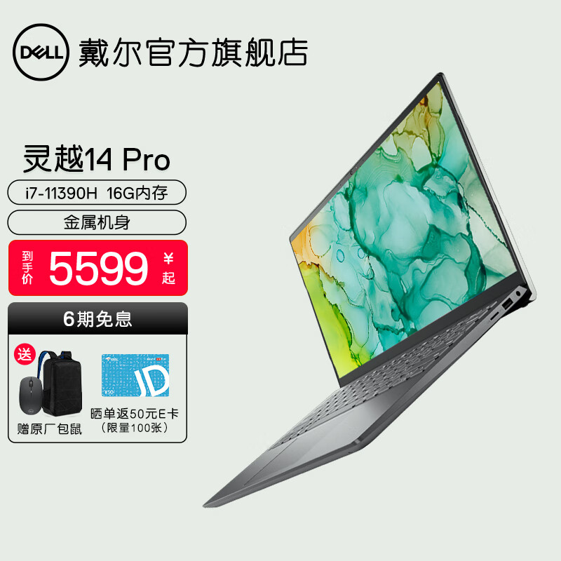 戴尔（DELL） 灵越5410 Pro14英寸11代酷睿轻薄学生颜值游戏办公笔记本电脑 2825星迹银 11代标压i7 16G MX450 官方标配