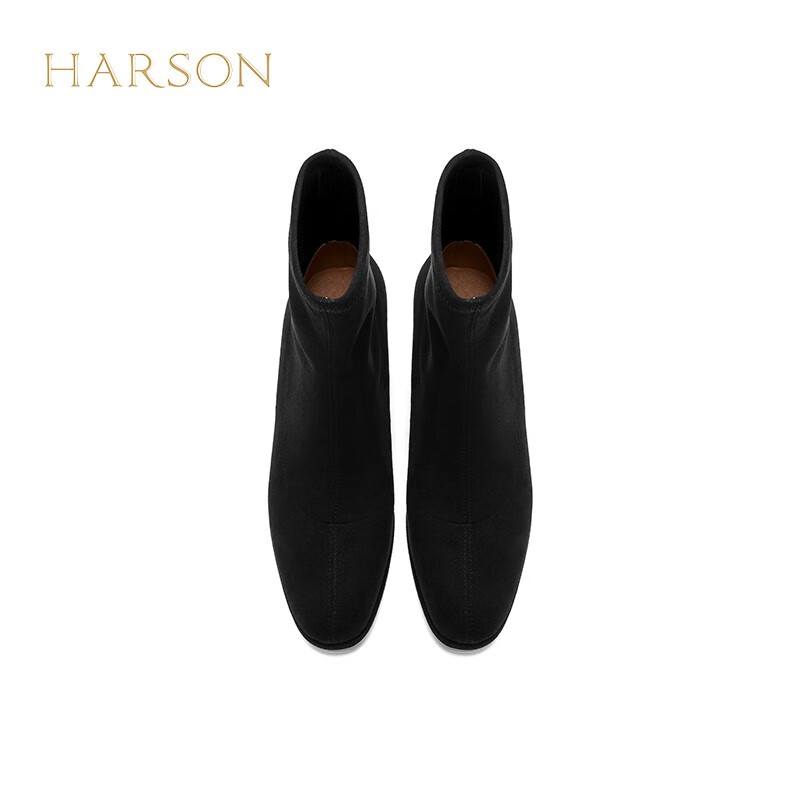 哈森冬季弹力靴女保暖气质圆头粗跟套脚瘦瘦靴女靴HWA230202 黑色 34