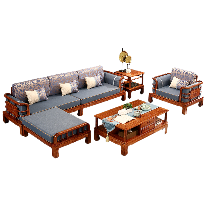 品木客 红木家具 非洲花梨(学名:刺猬紫檀)新中式转角沙发实木贵妃布艺现代客厅组合套装 贵妃沙发五件套 组合