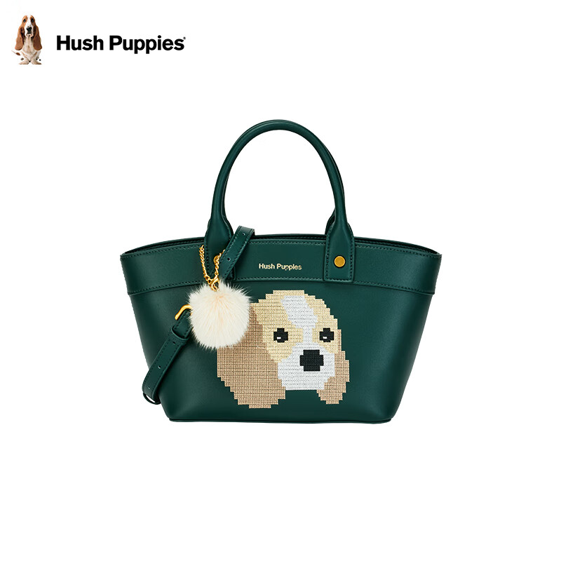 暇步士(hush puppies)手提包女优雅可爱包包女包品牌小狗刺绣款单肩包