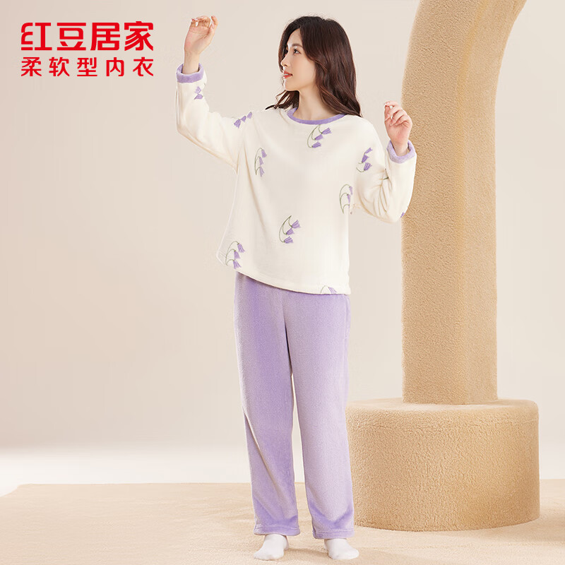红豆居家睡衣女士法兰绒甜美套头睡衣女款柔软保暖圆领家居服24年冬季新品 风铃紫728 S 160/84A